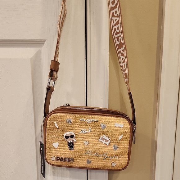 Karl Lagerfeld Handbags - Karl Lagerfeld Brown Leather and Woven Crossbody Bag W Charms & Guitar Strap NWT